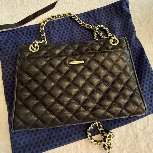 NWOT Rebecca Minkoff Large Black/Gold Leather Quilted Affair Bag Dust Bag $295